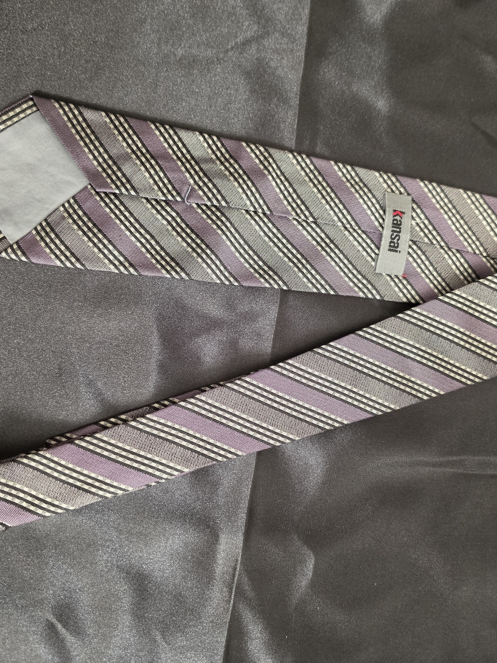 100% Silk Kansai JapanesePurple Striped Men’s Tie - Picture 3 of 6